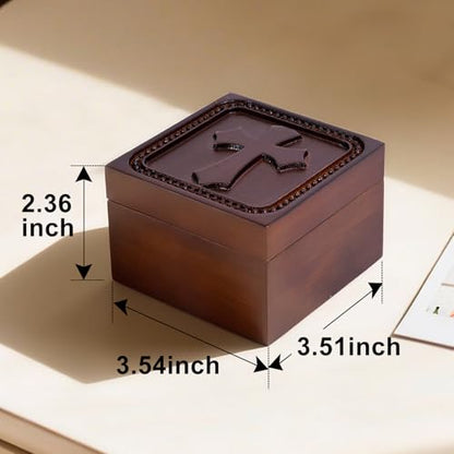 Wooden Cross Prayer Keepsake Box of Christian, Rosary Box for Religious Jewelry, Hand-Carved Catholic Rosary Holder Boxes Gifts for Women & Men, Baptism Communion Memorial Sympathy Gifts, No Card