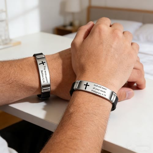 2Pcs Inspirational Quote Cross Bracelets Faith Christian Bible Verse Silicone ID Wristband Religious Bracelet Set Gift for Men Women - style: BR020-2/3