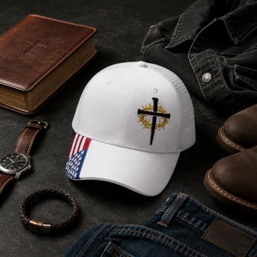 Christian Cross Baseball Cap for Men, American Flag - color: White