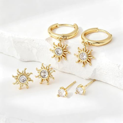 SHERLOVE Gold Earring Stacks Women 3Pairs Dangle Stud Huggie Hoop Set - color: 3 Pairs-Sun 01 Stud Gold