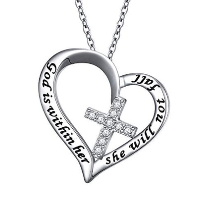 S925 Sterling Silver Christian Cross Heart Faith Bible Verse Necklace Rings - style: God is within her she will not fall