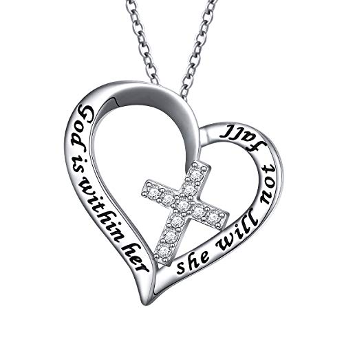S925 Sterling Silver Christian Cross Heart Faith Bible Verse Necklace Rings - style: God is within her she will not fall