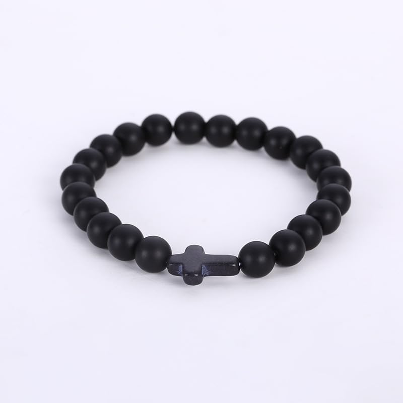 FORUBUS Lava Rock Stone Beaded Bracelet, Cross Charm Natural Volcanic Stone beads Turquoise Stretch Bracelet for Women Men Religion Jewelry Pray Baptism Gift - color: 1pcs black matt