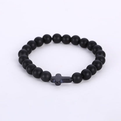 FORUBUS Lava Rock Stone Beaded Bracelet, Cross Charm Natural Volcanic Stone beads Turquoise Stretch Bracelet for Women Men Religion Jewelry Pray Baptism Gift - color: 1pcs black matt