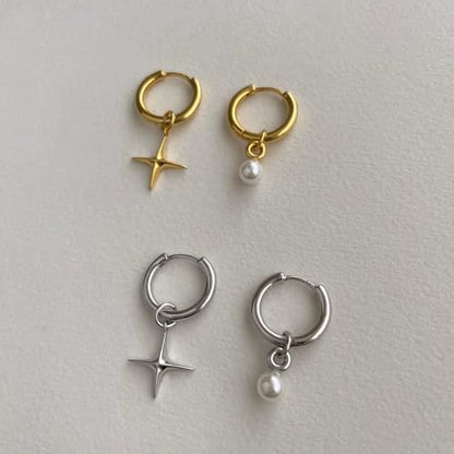 Asymmetric Cross Star Pearl Dangle Drop Hoop Earrings 925 Sterling Silver Post Small Huggie Hoops Charm Dangling Earring Cartilage Hypoallergenic Studs Fashion Jewelry for Women Daughter Niece