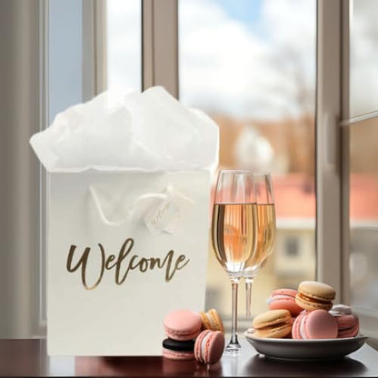 Andaz Press Large White Gold Foil Stamped Welcome Bags for Guests, Bulk Set of 25 Hotel Guests Gift Bags, Church, Destination Wedding, Includes White Tissue Paper and Wedding Welcome Bag Notes