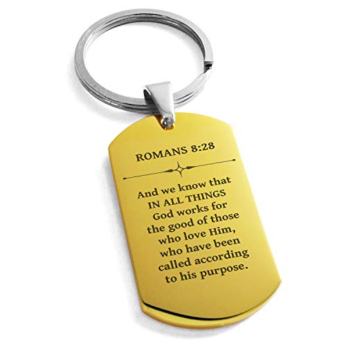 Stainless Steel in All Things Romans 8:28 Dog Tag Keychain Keyring - color: Gold