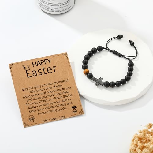 P. BLAKE Cross Bracelet for Boys Men, American Flag Cross Natural Beads Bracelet Christian Religious Birthday Jewelry Gifts for Teen Boys - style: Happy Easter