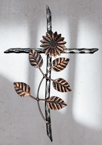 Top Brass 12” Metal Wall Mount Cross – Sunflower/Daisy Floral Garden Design – Holy Celtic Crucifix Silver & Copper Finish, Modern Rustic Jesus Art Sculpture