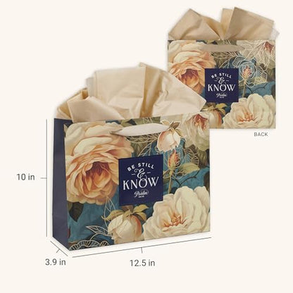 Christian Art Gifts Large Gift Bag with Tissue Paper, Be Still, Rose - color: Be Still/Multicolor Floral, style: Large Landscape