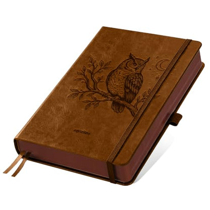 A5 Owl on Branch Leather Journal, 300 Pages Lined Notebook, Brown Vintage Pattern Hardcover Notebook for Travel Diary, Business, Work and School Daily Writing - style: Owl on Branch
