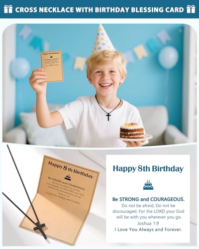 Birthday Gift Cross Necklace for Boy 8–30 Year Old with Joshua Card - style: 8th birthday