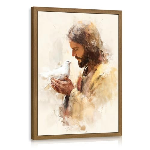 Dynazo Wood Framed Jesus and Dove Wall Art, White Dove Christian Wall Decor, Inspirational Religious Faith Poster Print, Christian Bible Stories Artwork for Living Room Bedroom Office 16x24 Inch - color: PeaceDove, size: 24"L x 16"W