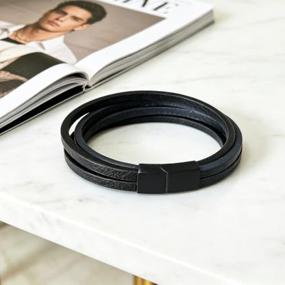 Kim Carrey Italian Handmade Leather Bracelets for Men - color: Black Blue, size: 8.2"