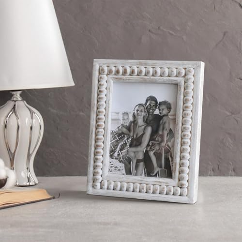 Whitewashed Wood Beaded 5x7 Picture Frame - Farmhouse Style Rustic Photo Frame, Boho Picture Frame as 5 x 7 Photo Frame for Tabletop Display 5x7 Photo - color: White, size: Single 5x7