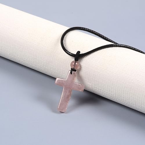 Justinstones Natural Gemstone Carved Cross Reiki Chakra Pendant Necklace 22 Inch - color: 30mm Strawberry Quartz