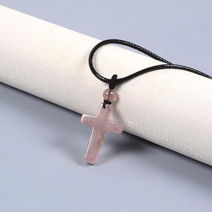 Justinstones Natural Gemstone Carved Cross Reiki Chakra Pendant Necklace 22 Inch - color: 30mm Strawberry Quartz
