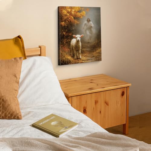 Christian Religious Wall Art Jesus Lost Lamb Prayer Canvas Print Framed - color: color-V