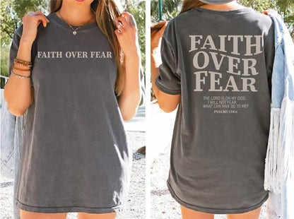 BANGELY Faith Over Fear Shirt Women Graphic Shirts Oversized Workout Gym Christian Religious Tees Drop Shoulder Tee Tops - color: Grey, size: Large