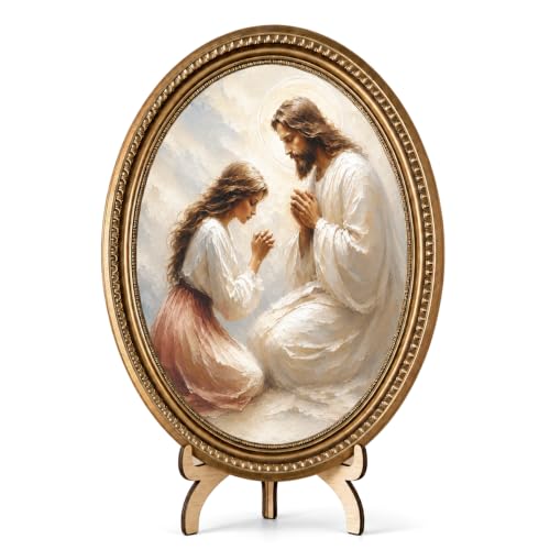 Vintage Jesus Wall Art, Christian Prayer Scene Oval Wood Plaque for Wall