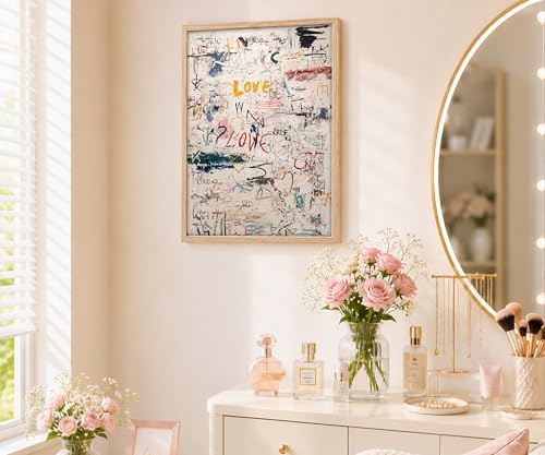 Framed Modern Neutral Abstract Textured Graffiti Love Wall Art, 12x16 Inch - color: Multicolor On White/Cream Background With Red, Yellow, Blue, Black, Green, And Pink Accents, size: 12"L x 16"W
