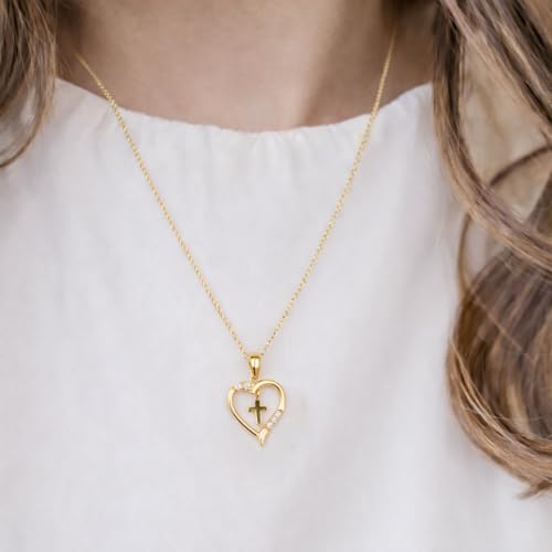 Cherished Moments Dancing Cross Heart Necklace - color: Gold-14