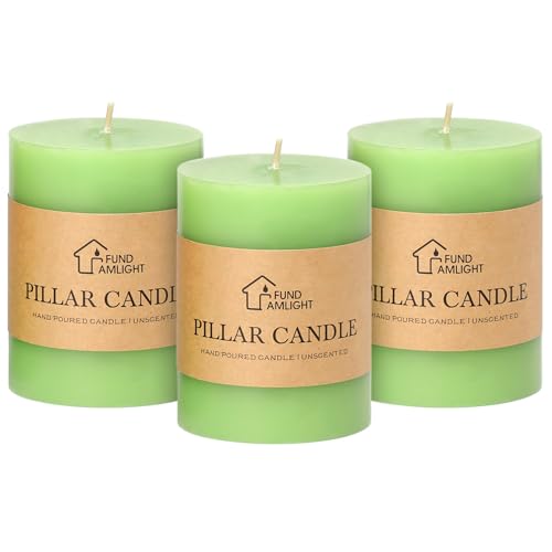3x4 Inch Green Pillar Candles Set of 3 - Decorative Unscented Pillar Candle - Spring Easter Green Candles, Long Burning Dripless Smokeless Candle for Wedding Table Decor - color: Green, size: 3x4