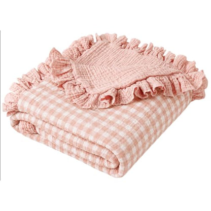 Konssy 100% Cotton Muslin Baby Blanket with Ruffle Trim for Girls, 43"x39" - color: Pink Check