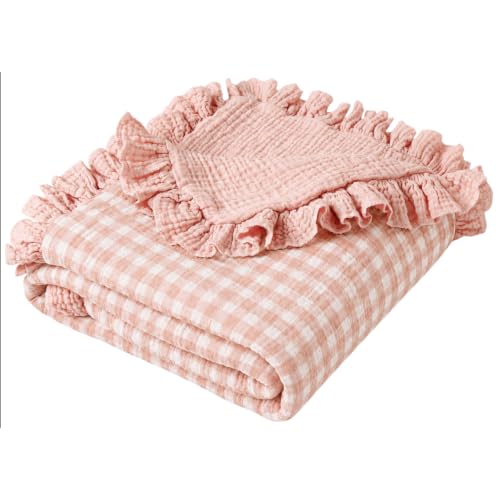 Konssy 100% Cotton Muslin Baby Blanket with Ruffle Trim for Girls, 43"x39" - color: Pink Check