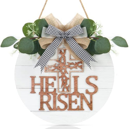 TOARTi He is Risen Easter Front Door Sign Wreath (11.4"x11.4"), Rustic Christian Cross Wall Sign Hanging Plaque, Farmhouse Religious Home Wooden Door Decoration for Housewarming Easter Gift