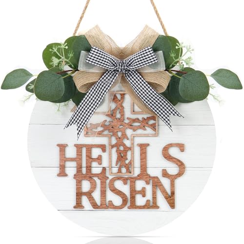 TOARTi He is Risen Easter Front Door Sign Wreath (11.4"x11.4"), Rustic Christian Cross Wall Sign Hanging Plaque, Farmhouse Religious Home Wooden Door Decoration for Housewarming Easter Gift