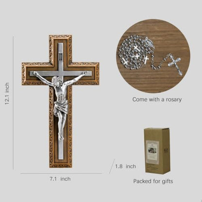 BC Catholic 12"H Crucifix Jesus Wall Cross with Stainless Steel Rosary - size: 12"L x 7.1"W