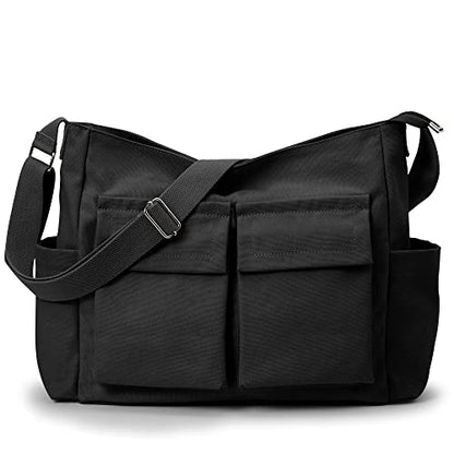 KALIDI Canvas Tote Bag Zipper Large Crossbody Shoulder Bag Messenger Bag - color: Upgraded Black