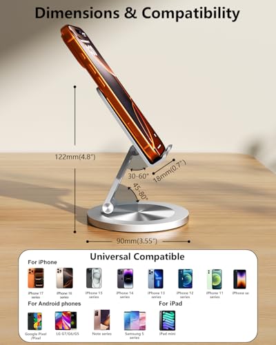 Phone Stand for Desk, 360° Rotating Dual Adjustable Foldable Cell Phone Holder, Heavy Solid All-Aluminum Base Anti-Slip Stable Support for Home Office Study, Fits iPhone Galaxy 4-8" Phones - color: Silver