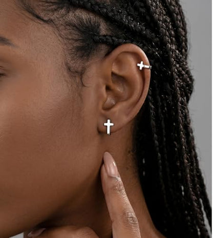 Reffeer Solid 925 Sterling Silver Cross Hoop Earrings for Women Teen Girls Small Cross Huggie Earrings Cartilage Helix - color: A-Silver