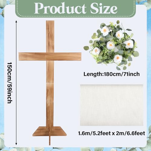 59Inch Large Wooden Cross for Wedding White Ribbon Eucalyptus Garland Brown - color: Brown, size: 59Inch