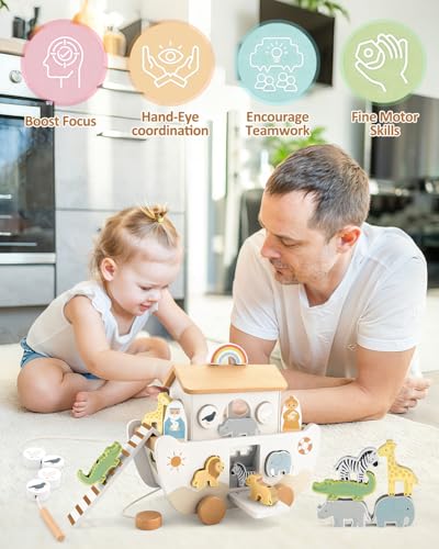 Wooden Noah's Ark Toy for Toddlers 1-3, Baptism Gift for Boys and Girls