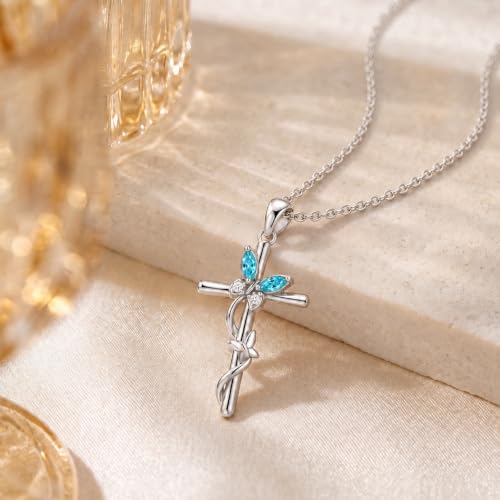 Distance Cross Necklace for Women 925 Sterling Silver Jewelry Pendant Necklace for Mom Wife Gift for Mother's Day or Birthday - style: 03-Aquamarine