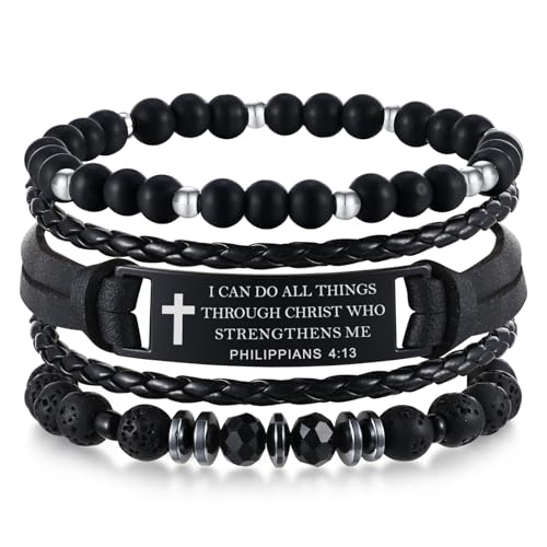 Mens Cross Bead Braided Genuine Leather Bracelet, Black Gemstone Agate Onyx Beaded Rosary Obsidian Bangle, Faith Religious Easter Catholic Christian Communion Baptism Christmas Jewelry Gift for Men - color: Set-Philippians 4:13