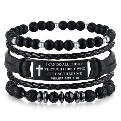 Mens Cross Bead Braided Genuine Leather Bracelet, Black Gemstone Agate Onyx Beaded Rosary Obsidian Bangle, Faith Religious Easter Catholic Christian Communion Baptism Christmas Jewelry Gift for Men - color: Set-Philippians 4:13