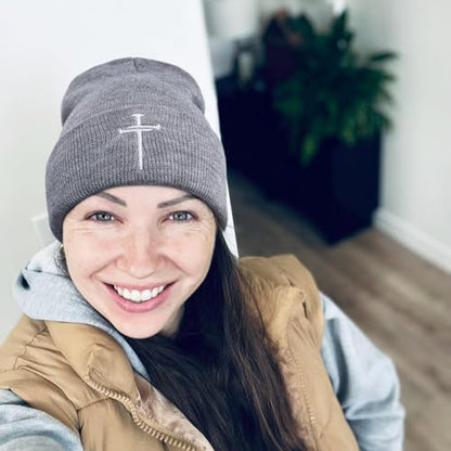 Christian Jesus Cross Beanie - Faith Winter Beanie Hats for Men Women - Religious Gifts for Christmas & New Years - color: Three Nails Cross/Grey