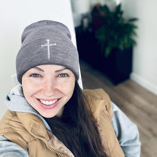 Christian Jesus Cross Beanie - Faith Winter Beanie Hats for Men Women - Religious Gifts for Christmas & New Years - color: Three Nails Cross/Grey