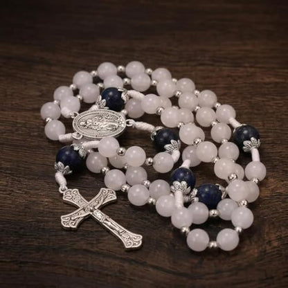 Nazareth Store 8mm White Jade & 10mm Natural Stone Beads Rosary Necklace St. Miraculous Medal & Cross Crucifix Catholic Prayer Beads Religious Jewelry - color: Lapis lazuli