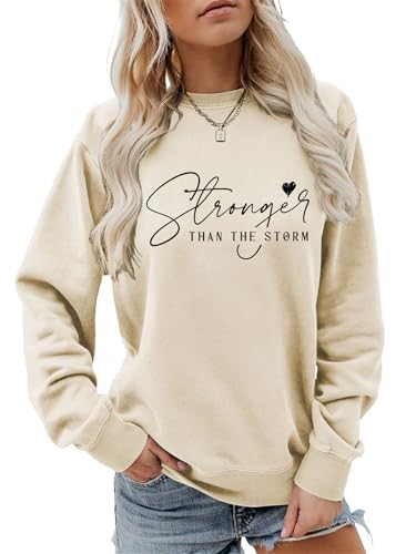 Stronger Than The Storm Sweatshirt for Women Christian Sweatshirt - color: Beige, size: Large