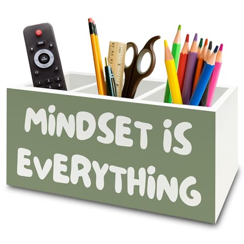 Green Inspirational Pen Pencil Holder Organizer for Desk, Inspirational Gifts for Women, Mindset Is Everything Motivational Wooden Box Sign for Home Office Desk Tabletop Decorations - color: colour24