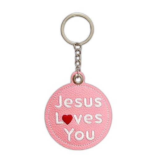 Handmade Jesus Keychain Pink PU Leather Embroidered Inspirational Quote Bag Charm, Christian Faith Keychain - color: Pink