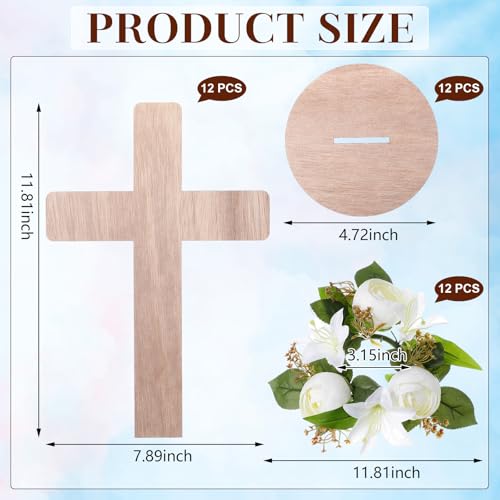 12 Sets Baptism Centerpieces Table Decorations First Communion Wooden Cross Ornament Set with Lily Candle Ring Wreath Purple Ribbon with Stands for Baptism Baby Shower Wedding (Wood) - color: Wood