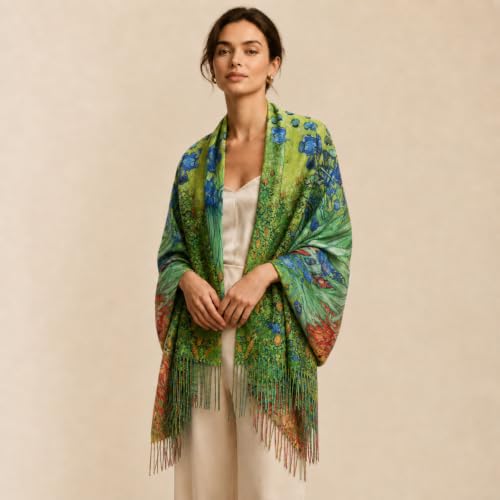 Umjetnost Soft Cashmere Feel Scarf For Women Winter Warm Scarves Large Shawl Wrap Monet Van Gogh Art Print - color: C02 Green&blue