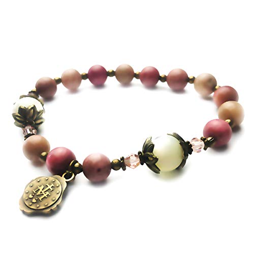 Pink Rhodonite and Mother of Pearl Stone Catholic Rosary Bracelet for Women with Virgin Mary Our Lady of Graces Medal Charm - Catholic Gifts Women
