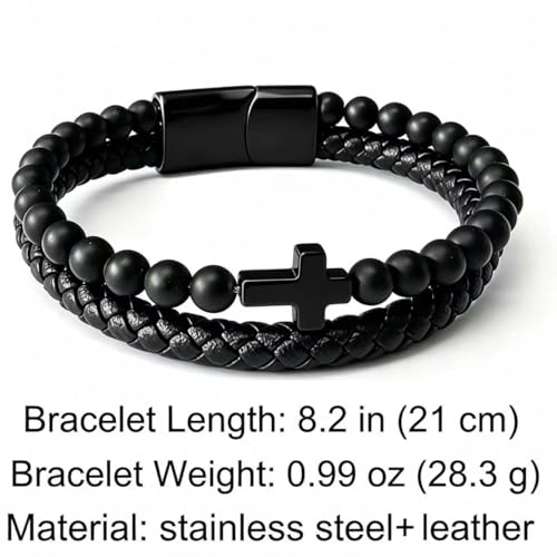 Kim Carrey Italian Handmade Leather Bracelets for Men - color: Black Cross, size: 8.2"